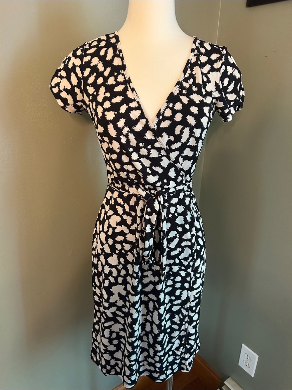 LOFT Black and White Abstract Print Wrap Midi Dress